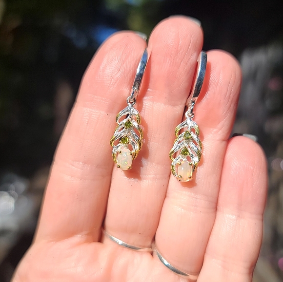 Opal & Peridot sterling & gold feather earrings - Picture 4 of 8